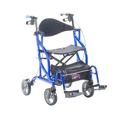 The Drive Airgo Fusion Side-Folding Hybrid Rollator & Transport Chair is a blue mobility aid with four wheels, hand brakes, padded seat, black pouch, and footrests for easy use. Shown on a plain white background.