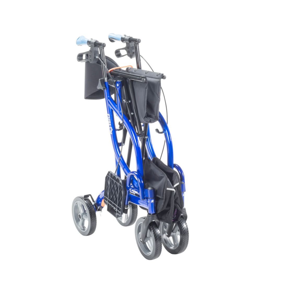 The Drive Airgo Fusion Side-Folding Hybrid Rollator & Transport Chair is a blue, foldable walker with four wheels, hand brakes, and storage pouches. It’s shown folded compactly on a white background—ideal as a rollator or transport chair.