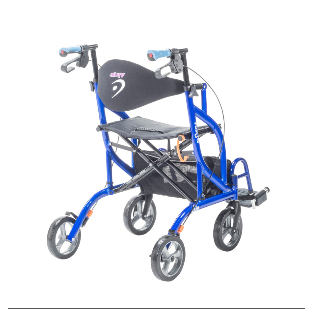 The Drive Airgo Fusion Side-Folding Hybrid Rollator & Transport Chair features a blue frame, four wheels, hand brakes, black seat and backrest, storage basket, and lightweight design for easy mobility and transport chair use.