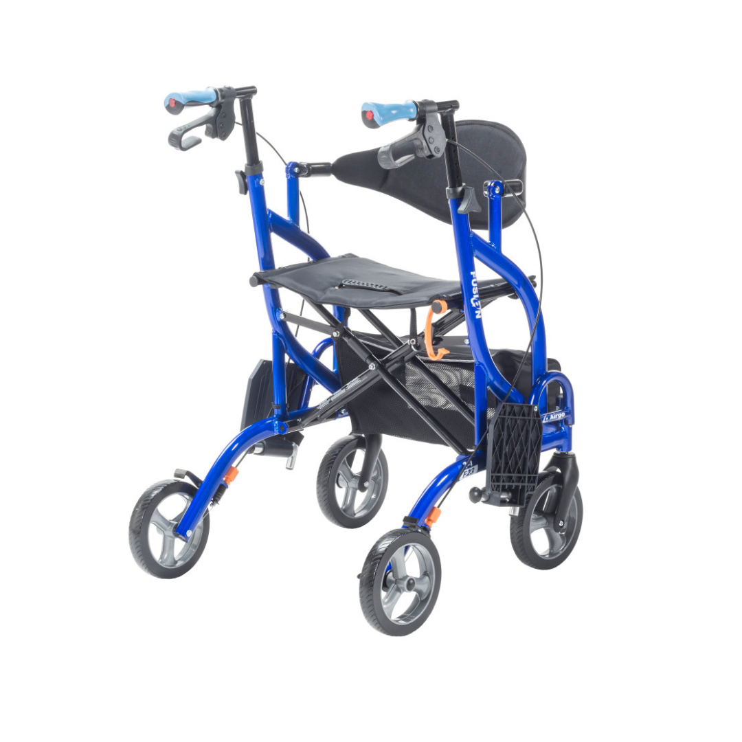 The Drive Airgo Fusion Side-Folding Hybrid Rollator & Transport Chair is a blue mobility aid with four wheels, hand brakes, black cushioned seat and backrest, plus footrests—easily converting from rollator to transport chair.