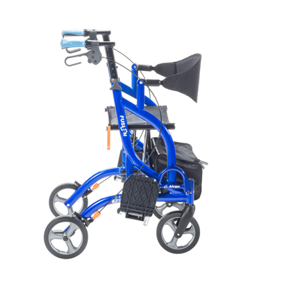 A Drive Airgo Fusion Side-Folding Hybrid Rollator & Transport Chair in blue with a black seat.