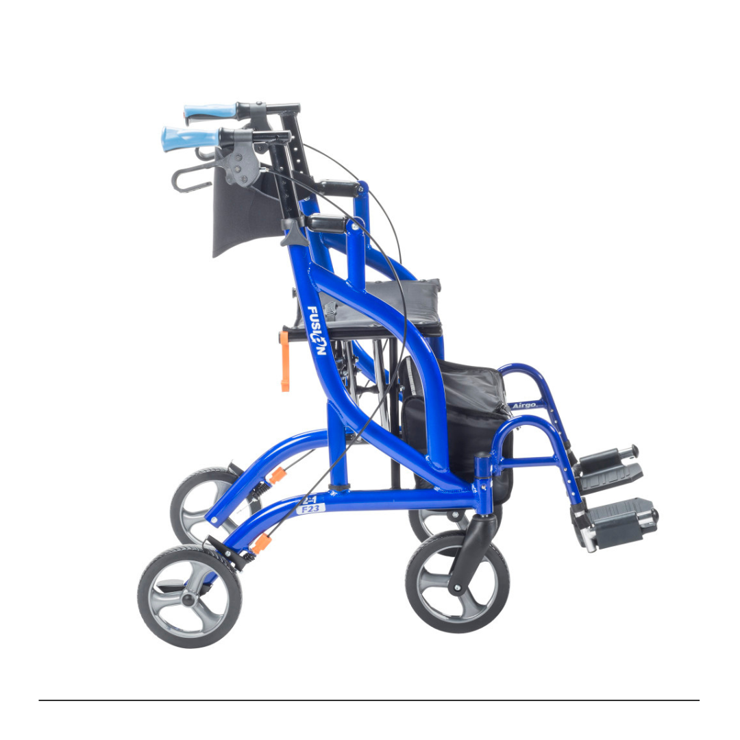 The Drive Airgo Fusion Side-Folding Hybrid Rollator & Transport Chair is a blue, lightweight mobility aid with four wheels, hand brakes, a black seat, footrests, and storage pouch, shown in side view on a white background.