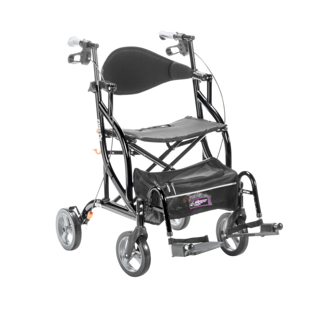 The Drive Airgo Fusion Side-Folding Hybrid Rollator & Transport Chair is a black mobility aid with four wheels, a foldable seat, padded backrest, brakes, and footrests—serving as both rollator and transport chair for versatile use.
