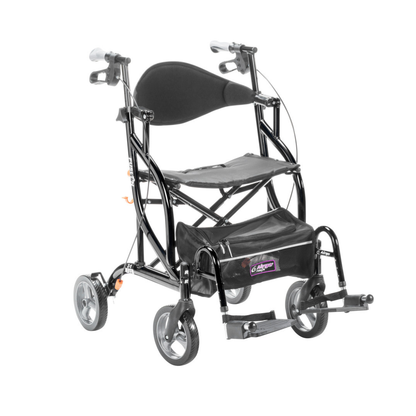 The Drive Airgo Fusion Side-Folding Hybrid Rollator & Transport Chair is a black mobility aid with four wheels, a foldable seat, padded backrest, brakes, and footrests—serving as both rollator and transport chair for versatile use.
