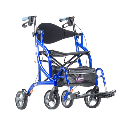The Drive Airgo Fusion Side-Folding Hybrid Rollator & Transport Chair is a blue, lightweight 4-wheel rollator and transport chair with hand brakes, black seat, mesh backrest, and under-seat storage pouch, shown on a white background.