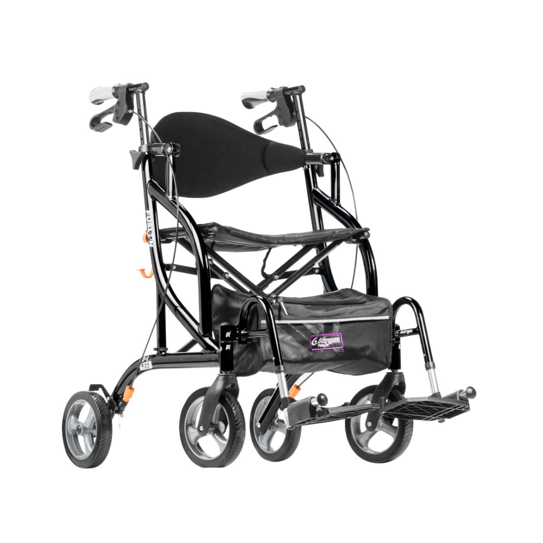 The Drive Airgo Fusion Side-Folding Hybrid Rollator & Transport Chair is a lightweight, foldable black chair with four wheels, hand brakes, a fabric seat and backrest, footrests, and a storage pouch under the seat.