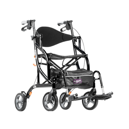 The Drive Airgo Fusion Side-Folding Hybrid Rollator & Transport Chair is a lightweight, foldable black chair with four wheels, hand brakes, a fabric seat and backrest, footrests, and a storage pouch under the seat.