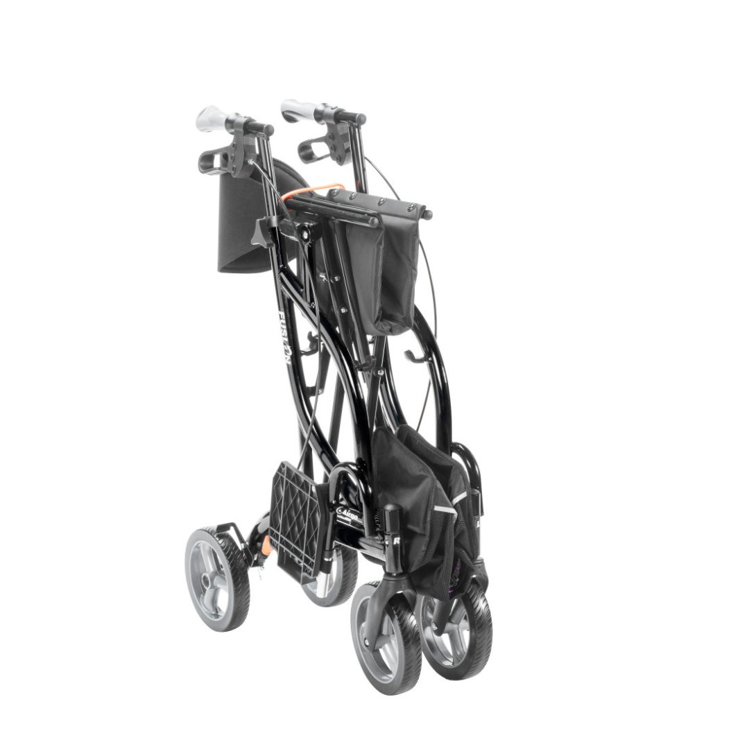 The Drive Airgo Fusion Side-Folding Hybrid Rollator & Transport Chair is folded for storage with four wheels, hand brakes, and a storage pouch, displayed against a white background.