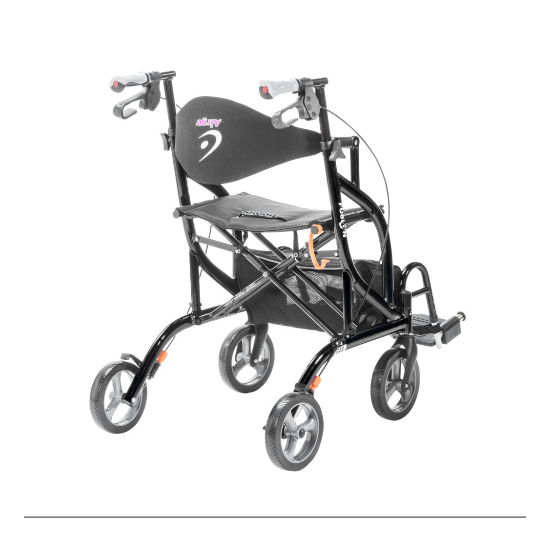 The Drive Airgo Fusion Side-Folding Hybrid Rollator & Transport Chair is a black four-wheeled walker with hand brakes, seat, backrest, footrests, and under-seat storage. It functions as both a rollator and transport chair for versatile mobility support.