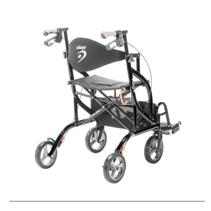 The Drive Airgo Fusion Side-Folding Hybrid Rollator & Transport Chair is a black four-wheeled walker with hand brakes, seat, backrest, footrests, and under-seat storage. It functions as both a rollator and transport chair for versatile mobility support.