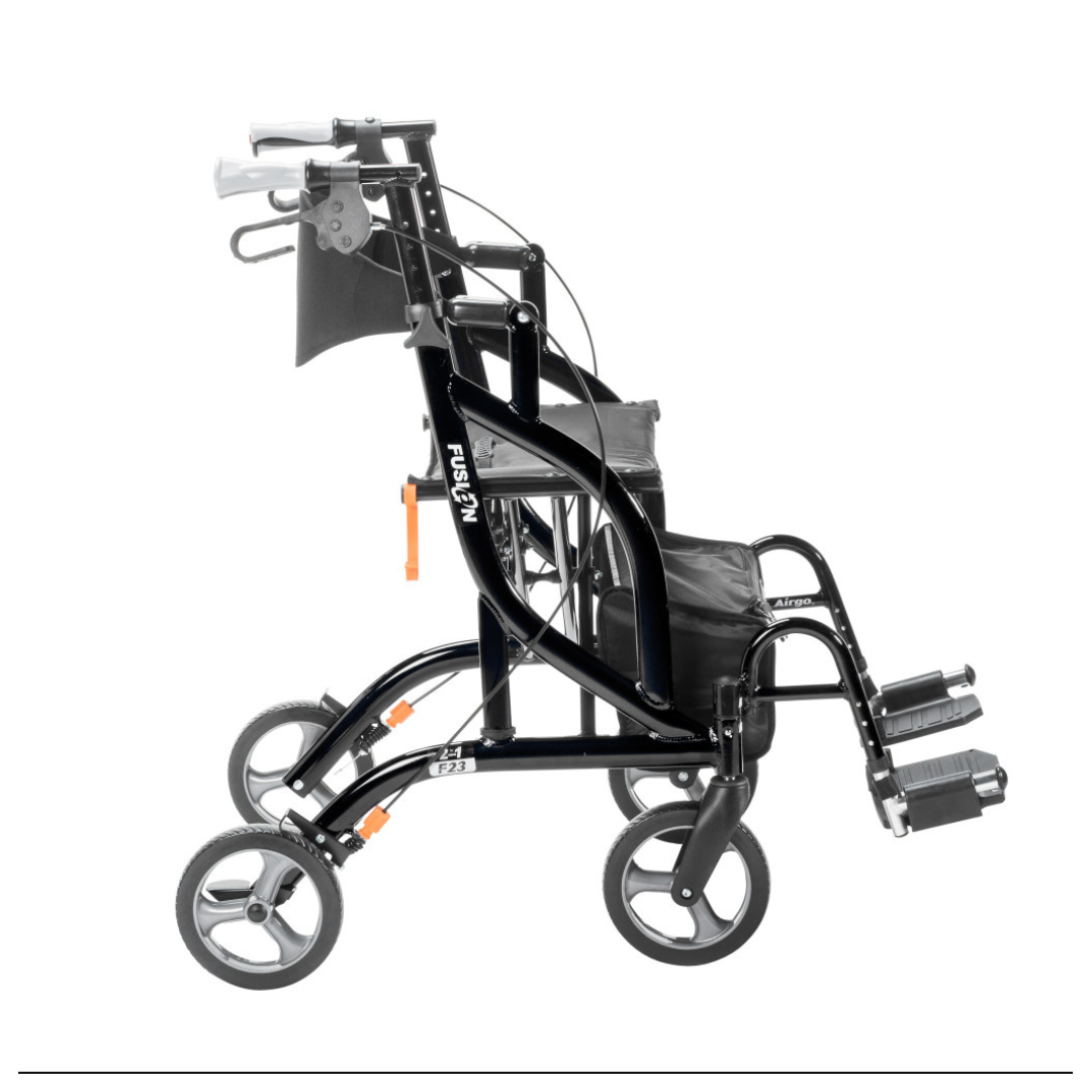 A side view of a black Drive Airgo Fusion Side-Folding Hybrid Rollator & Transport Chair with footrests and handles, designed for transport and mobility assistance.
