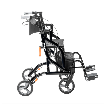 A side view of a black Drive Airgo Fusion Side-Folding Hybrid Rollator & Transport Chair with footrests and handles, designed for transport and mobility assistance.