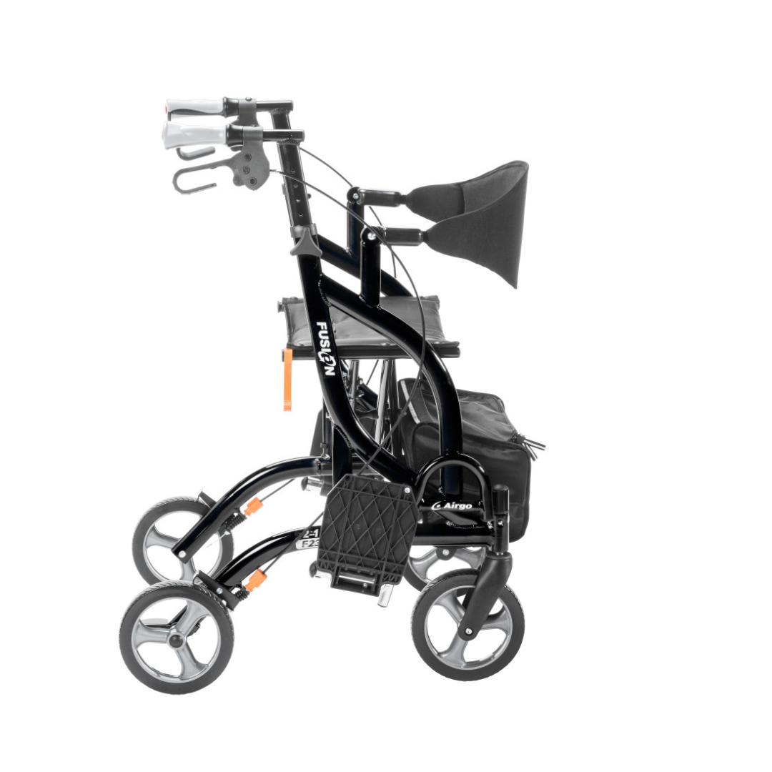 A black, lightweight Drive Airgo Fusion Side-Folding Hybrid Rollator & Transport Chair with four wheels, padded seat, and backrest is shown folded in side profile on a white background.
