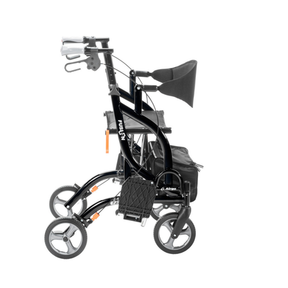A black, lightweight Drive Airgo Fusion Side-Folding Hybrid Rollator & Transport Chair with four wheels, padded seat, and backrest is shown folded in side profile on a white background.