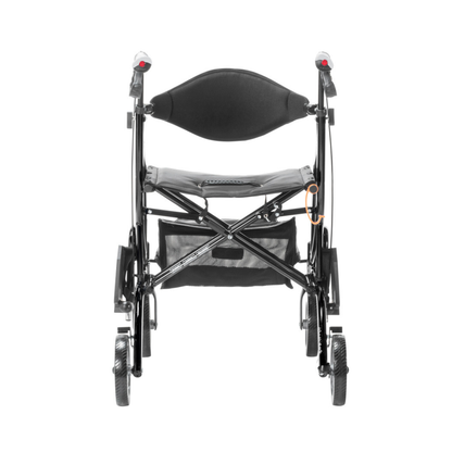 The Drive Airgo Fusion Side-Folding Hybrid Rollator & Transport Chair is a black, lightweight four-wheeled walker with a seat, backrest, handlebars with brakes, and an underseat storage bag, shown front-facing on a white background.
