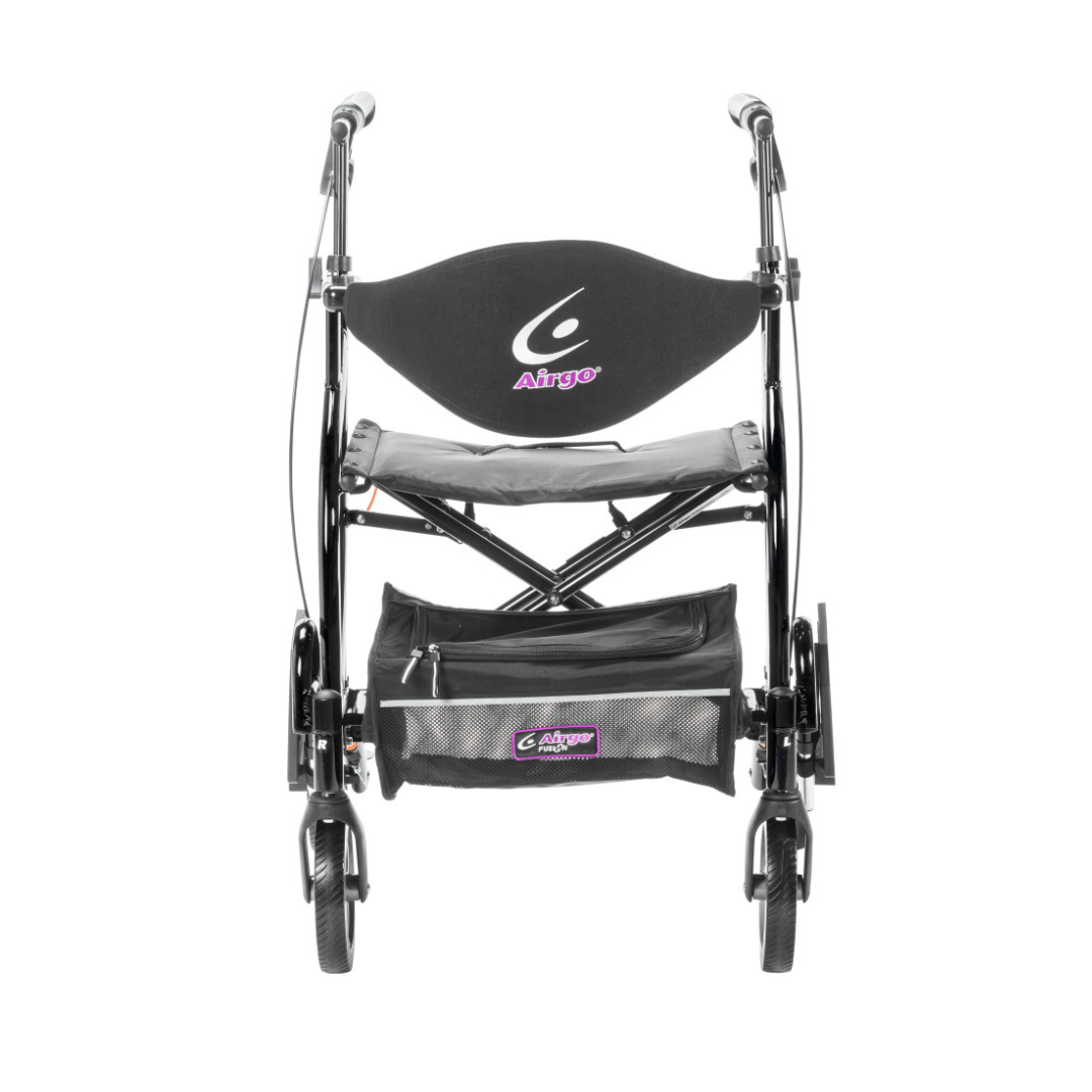 A front view of the lightweight black Drive Airgo Fusion Side-Folding Hybrid Rollator & Transport Chair with four wheels, a fabric seat, and a storage pouch below. The "Airgo" brand name appears on the seat and pouch.