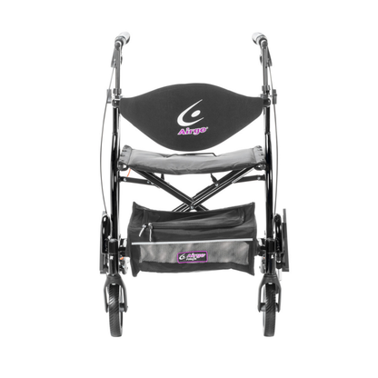 A front view of the lightweight black Drive Airgo Fusion Side-Folding Hybrid Rollator & Transport Chair with four wheels, a fabric seat, and a storage pouch below. The "Airgo" brand name appears on the seat and pouch.