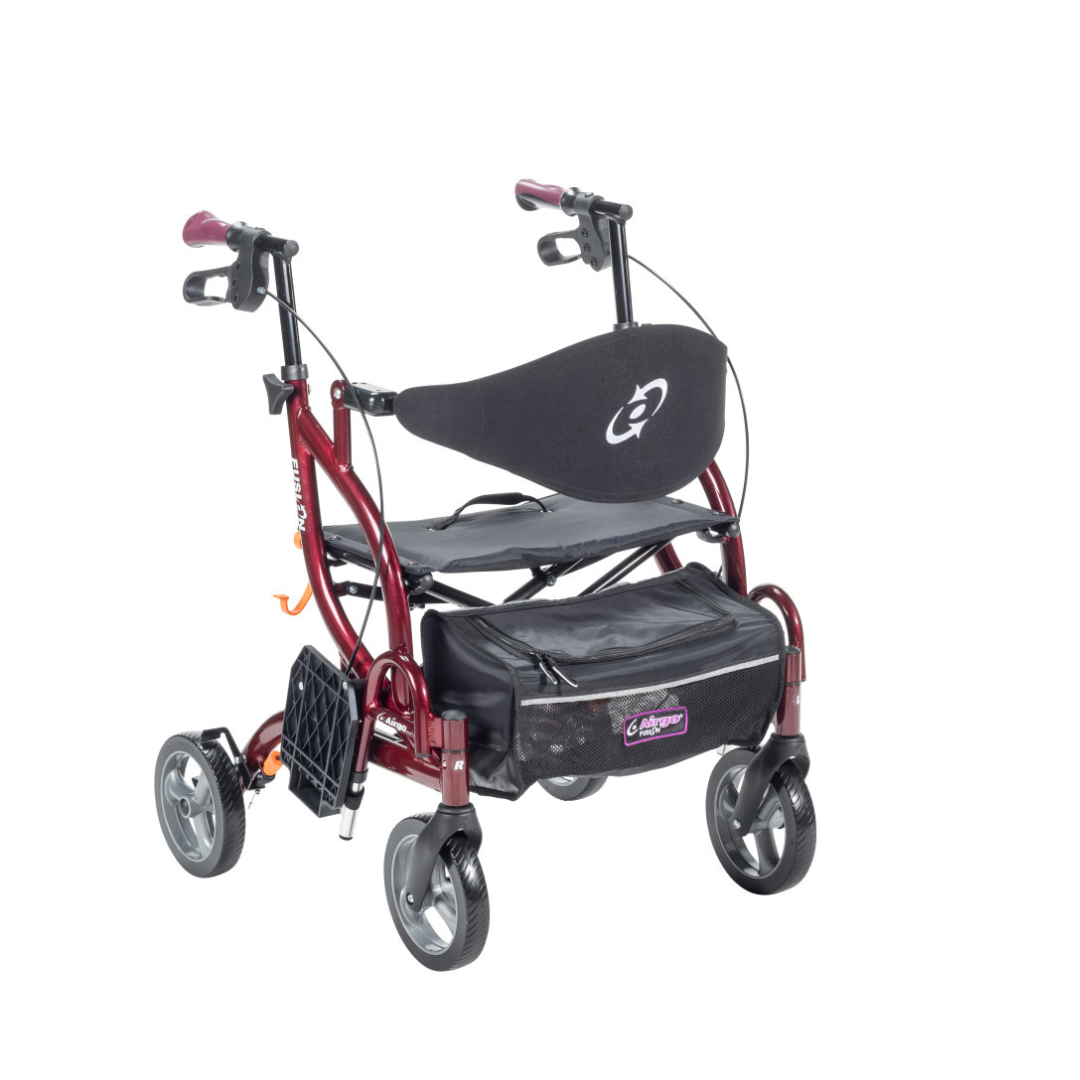 The Drive Airgo Fusion Side-Folding Hybrid Rollator & Transport Chair is a maroon and black mobility aid with four wheels, hand brakes, a padded backrest and seat, storage bag, and easily converts between rollator and transport chair.