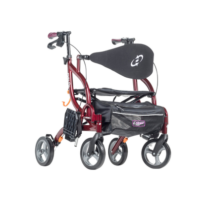 The Drive Airgo Fusion Side-Folding Hybrid Rollator & Transport Chair is a red mobility aid with four wheels, a curved backrest, padded seat, hand brakes, black storage pouch, and easily converts into a transport chair for convenience.