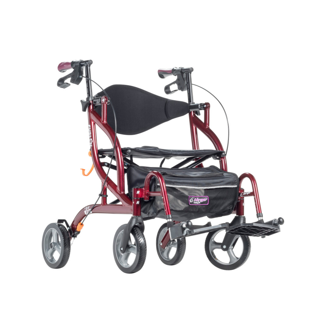 A lightweight, foldable burgundy Drive Airgo Fusion Side-Folding Hybrid Rollator & Transport Chair with four wheels, black seat and backrest, footrests, hand brakes, and a storage pouch under the seat is shown on a white background.