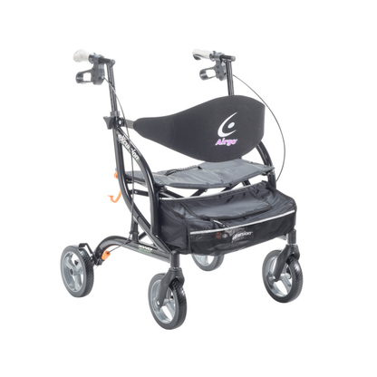 The Drive Airgo eXcursion XWD Lightweight Bariatric Rollator, in black, features four wheels, hand brakes, a padded seat with backrest, and a storage pouch beneath the seat, shown here against a white background.