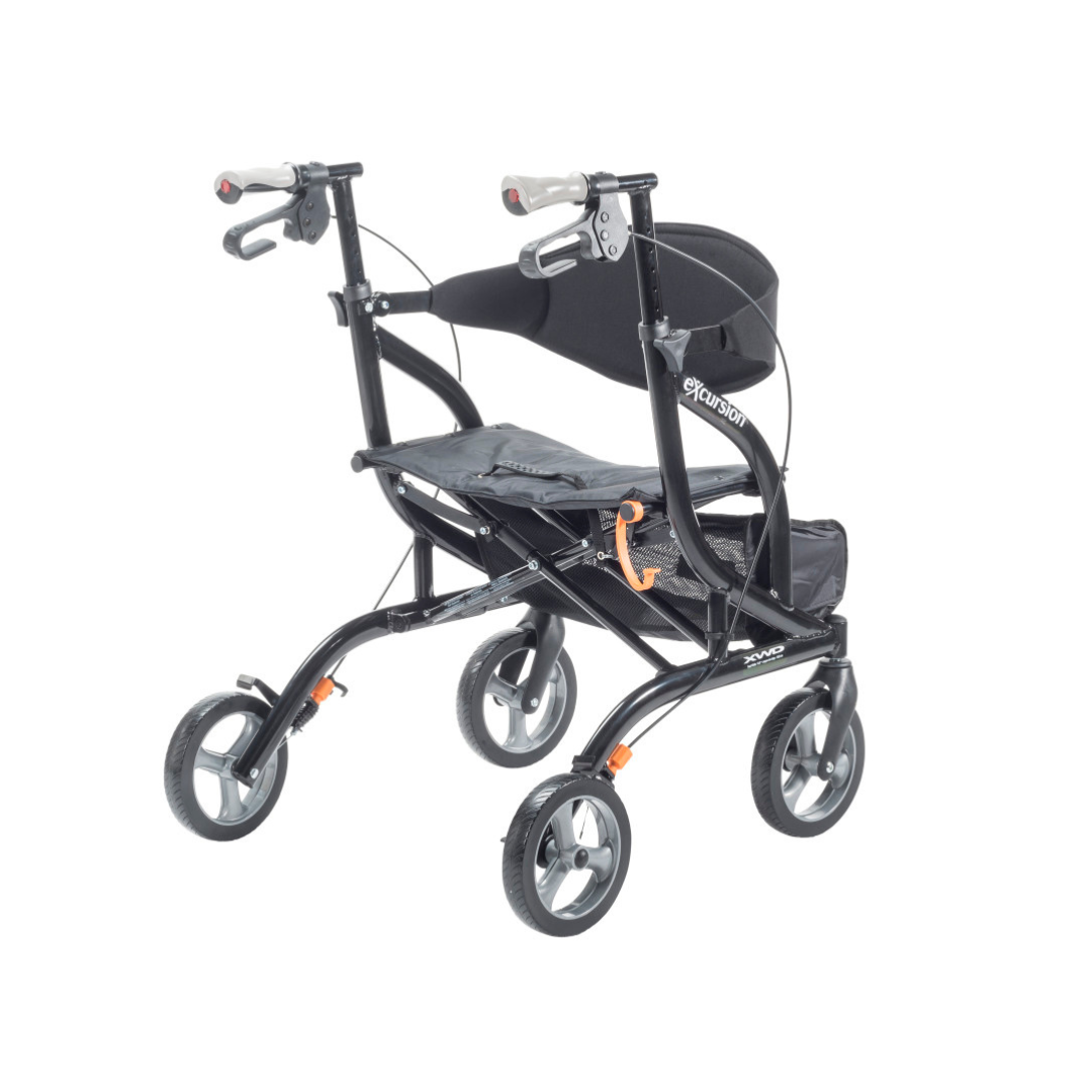 The Drive Airgo eXcursion XWD Lightweight Bariatric Rollator is a black, four-wheeled walker with a padded seat, backrest, hand brakes, and an under-seat storage pouch for comfortable and convenient mobility support.