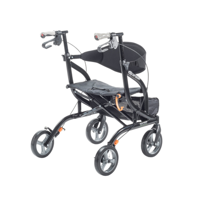 The Drive Airgo eXcursion XWD Lightweight Bariatric Rollator is a black, four-wheeled walker with a padded seat, backrest, hand brakes, and an under-seat storage pouch for comfortable and convenient mobility support.