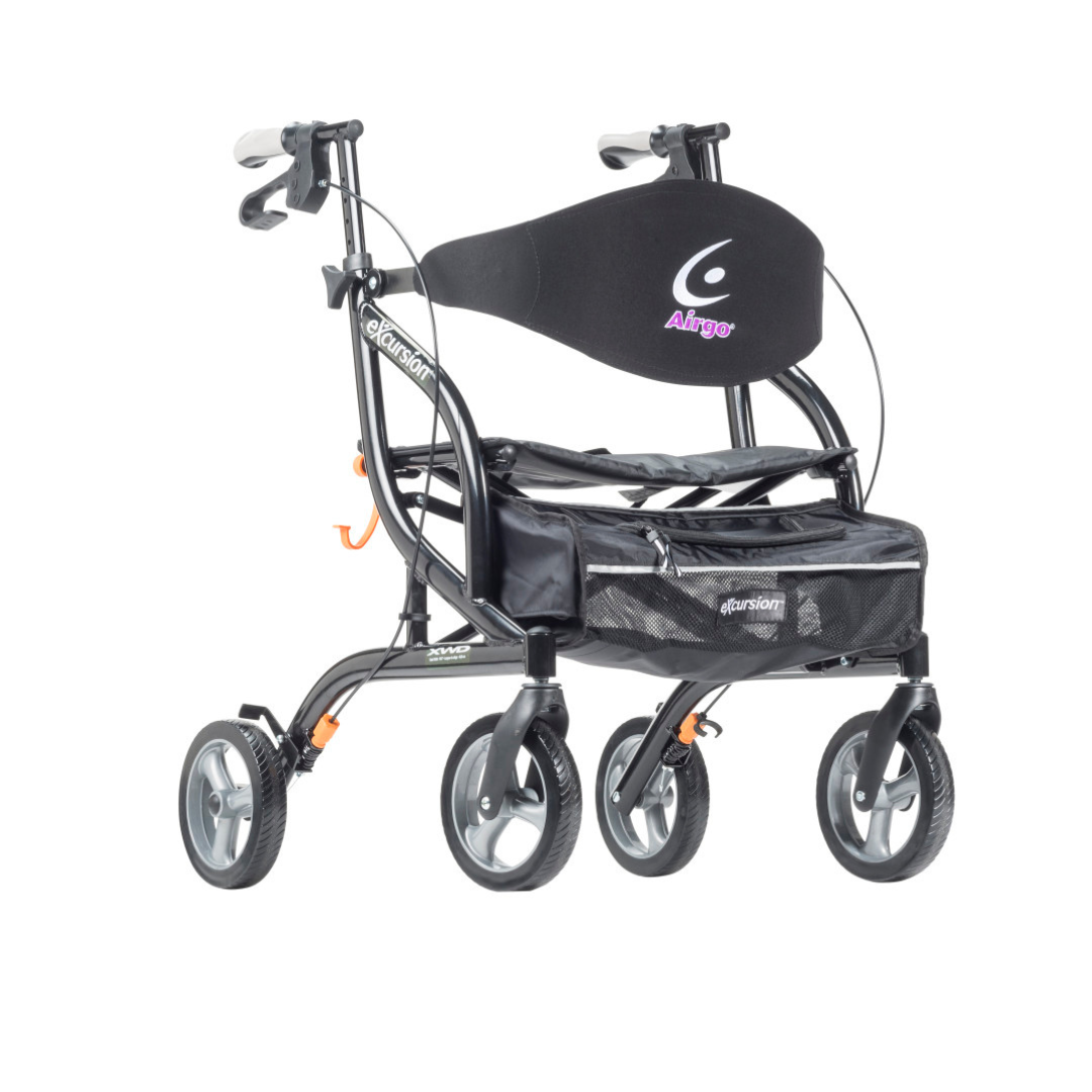 The Drive Airgo eXcursion XWD Lightweight Bariatric Rollator features four wheels, a seat with a curved backrest, hand brakes, and a storage pouch under the seat.