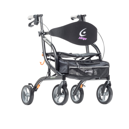 The Drive Airgo eXcursion XWD Lightweight Bariatric Rollator features four wheels, a seat with a curved backrest, hand brakes, and a storage pouch under the seat.
