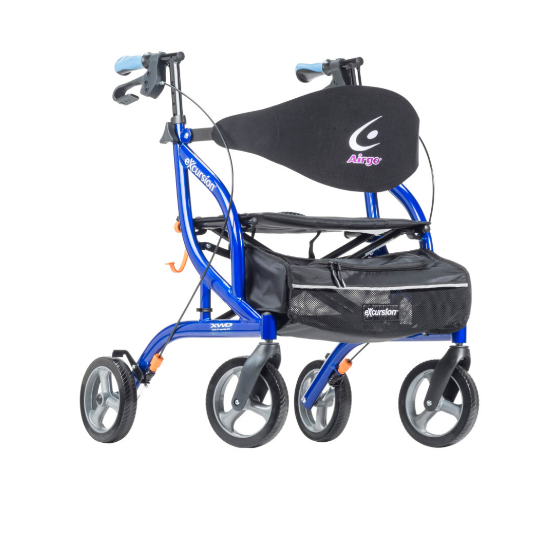 The Drive Airgo eXcursion XWD Lightweight Bariatric Rollator is a blue four-wheel walker with hand brakes, padded backrest, black seat, and a storage pouch under the seat.