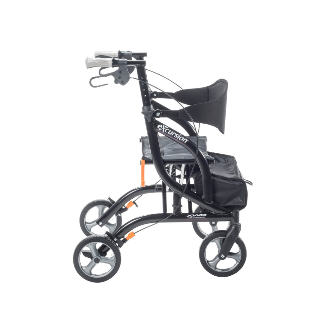 The Drive Airgo eXcursion XWD Lightweight Bariatric Rollator, shown from the side on a white background, is black with four wheels, a seat and backrest, hand brakes, and a storage bag below the seat.