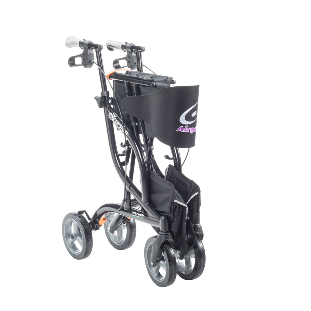 The Drive Airgo eXcursion XWD Lightweight Bariatric Rollator features a black frame, storage pouch, ergonomic brake handles, and folds easily—ideal for convenient transport and storage.
