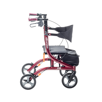 The Drive Airgo eXcursion X18 Lightweight Hemi-Height Rollator in red features four wheels, hand brakes, a black seat with backrest, and a storage pouch under the seat, shown against a white background.