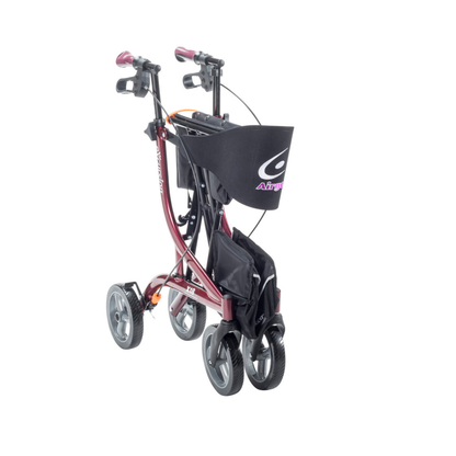 A red Drive Airgo eXcursion X18 Lightweight Hemi-Height Rollator with a black bag.