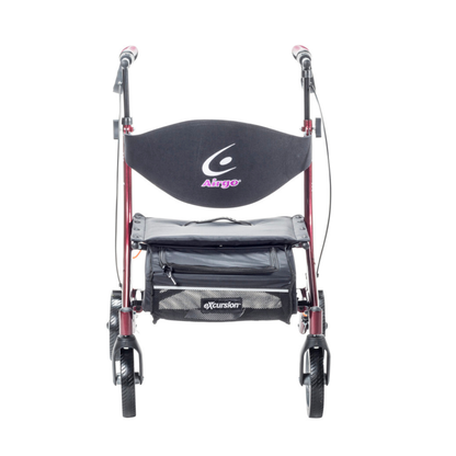 The Drive Airgo eXcursion X18 Lightweight Hemi-Height Rollator features a red frame, four wheels, hand brakes, black fabric seat and backrest labeled Airgo, plus a storage pouch under the seat marked Cushion for comfort and convenience.