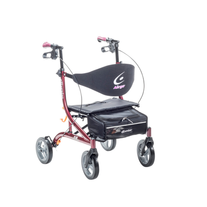The Drive Airgo eXcursion X18 Lightweight Hemi-Height Rollator is a red walker featuring hand brakes, a black padded seat, underseat storage bag, and a curved backrest for optimal mobility support.