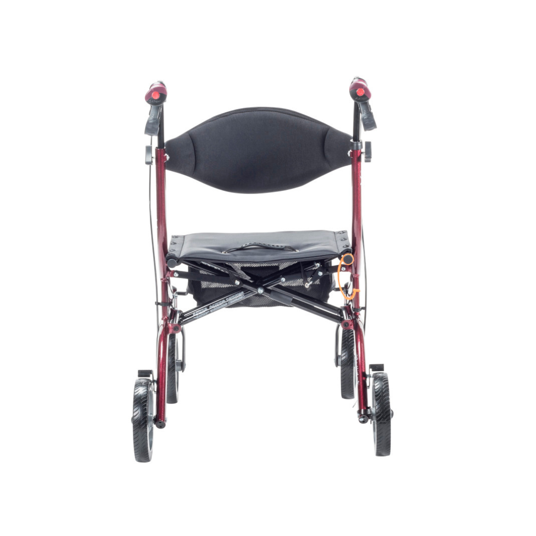 The Drive Airgo eXcursion X18 Lightweight Hemi-Height Rollator, in red with black handles, padded seat, four wheels, and a black backrest, is displayed front-facing against a white background.