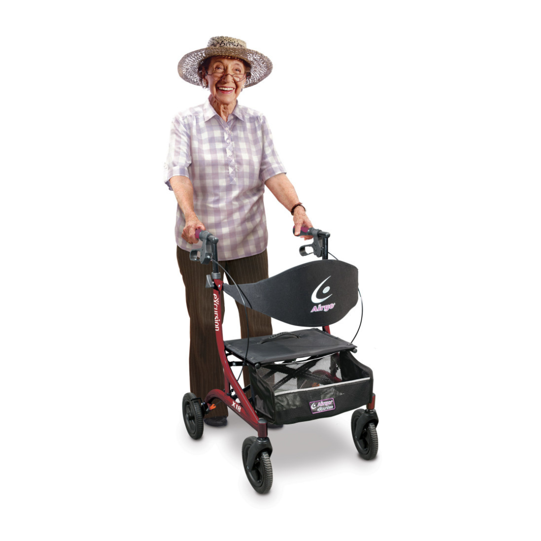 An old woman with a walker uses the Drive Airgo eXcursion X18 Lightweight Hemi-Height Rollator for easy mobility.