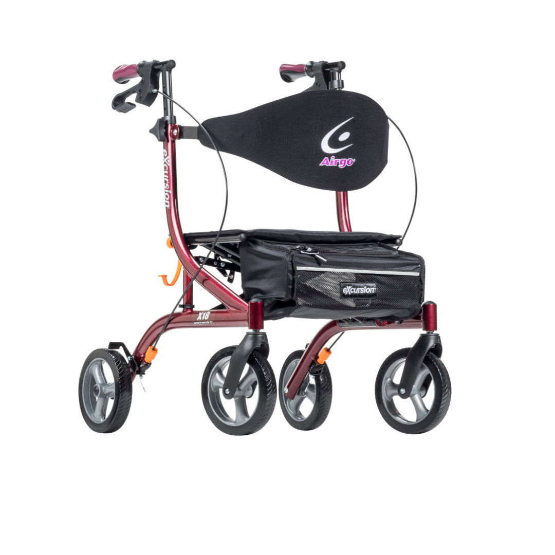 A red Drive Airgo eXcursion X18 Lightweight Hemi-Height Rollator with four wheels, black handlebars, a black cushioned seat, “Airgo” backrest, and zippered storage pouch under the seat.