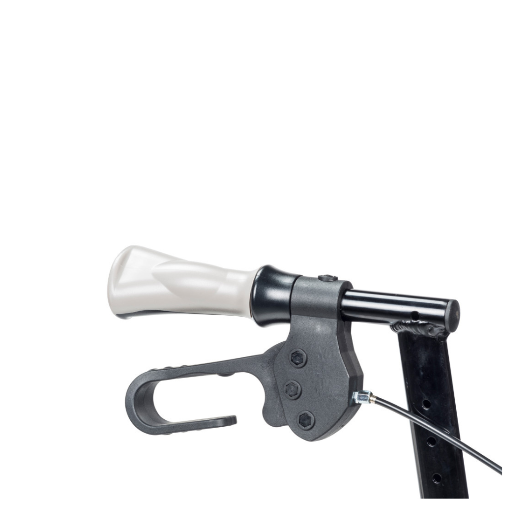 Close-up of a black scooter handlebar with white grip, brake lever, and cable, echoing the ergonomic design featured on the Drive Airgo eXcursion X20 Lightweight Side-fold Rollator, set against a white background.