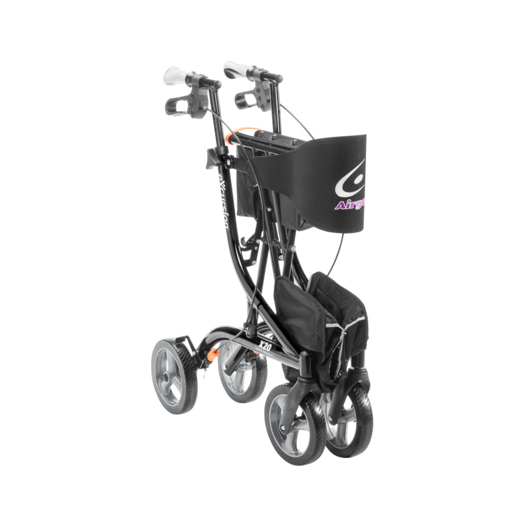 The Drive Airgo eXcursion X20 Lightweight Side-fold Rollator in black features four wheels, hand brakes, a storage bag, and a seat; its side-fold design ensures effortless transport and convenient storage.