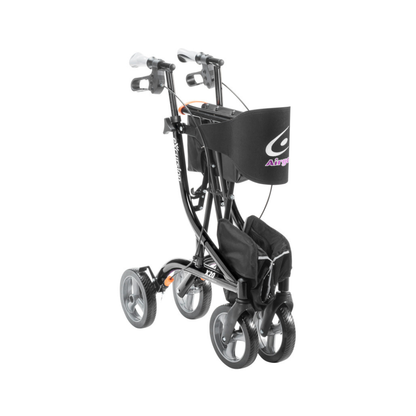 The Drive Airgo eXcursion X20 Lightweight Side-fold Rollator in black features four wheels, hand brakes, a storage bag, and a seat; its side-fold design ensures effortless transport and convenient storage.
