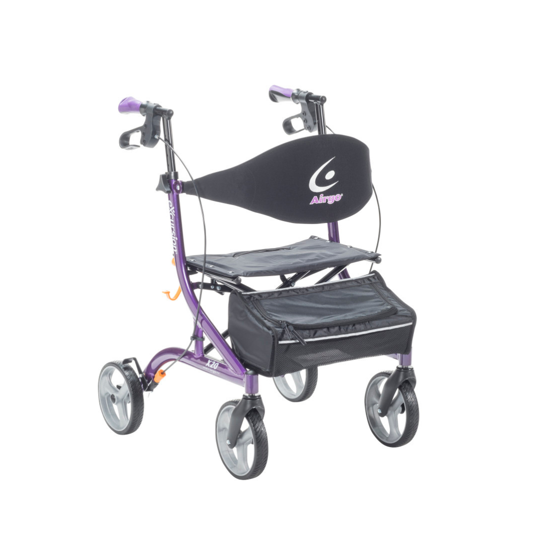 The Drive Airgo eXcursion X20 Lightweight Side-fold Rollator is a purple, four-wheeled rollator with hand brakes, a black seat, curved backrest, and an under-seat storage pouch for comfort and convenience on the go.