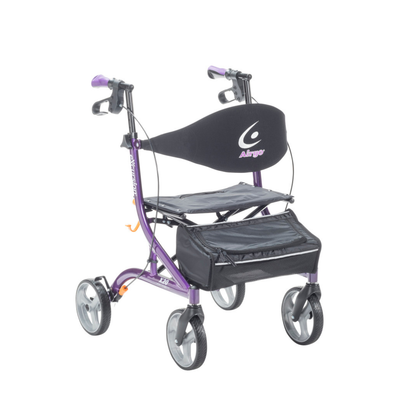 The Drive Airgo eXcursion X20 Lightweight Side-fold Rollator is a purple, four-wheeled rollator with hand brakes, a black seat, curved backrest, and an under-seat storage pouch for comfort and convenience on the go.