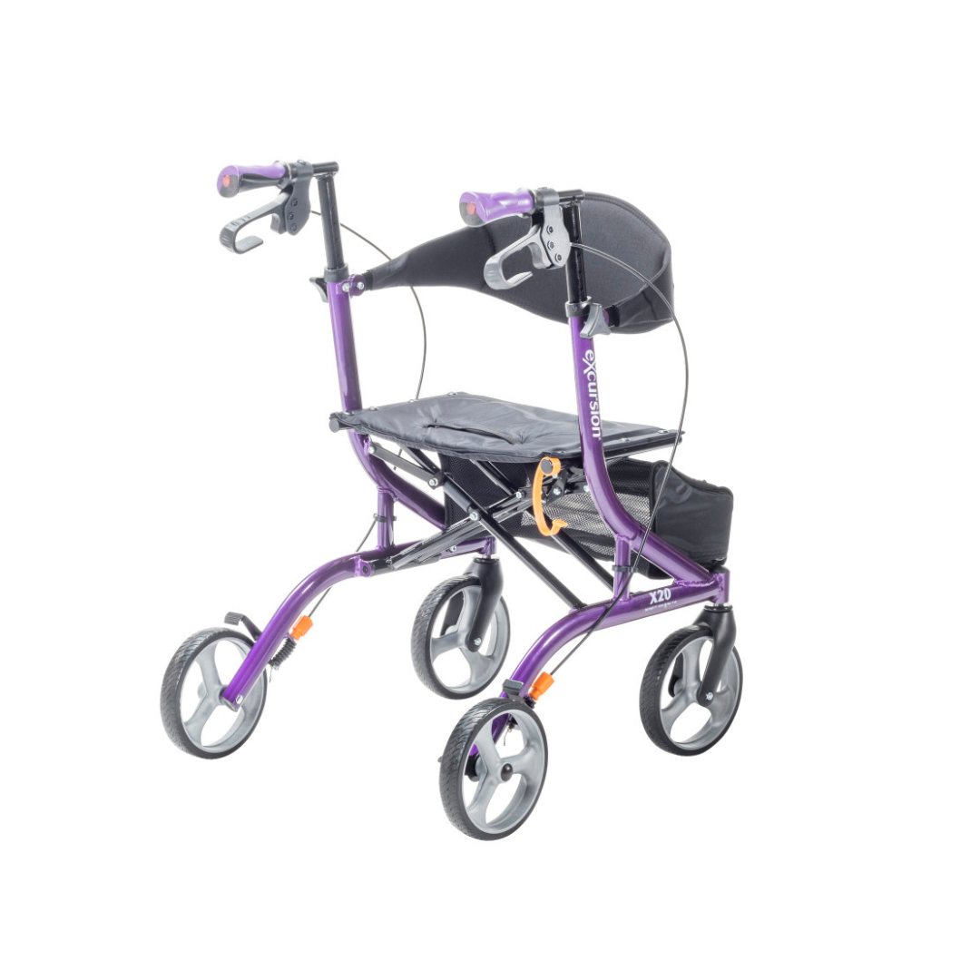 The Drive Airgo eXcursion X20 Lightweight Side-fold Rollator in purple features a black seat and offers convenient, compact mobility.