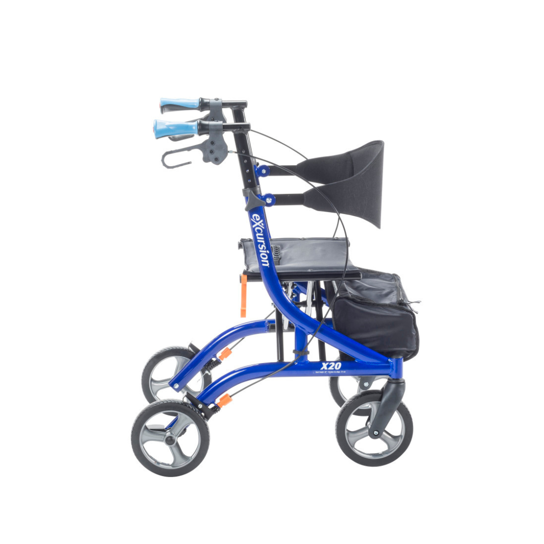 The Drive Airgo eXcursion X20 Lightweight Side-fold Rollator is blue with four wheels, a black seat and backrest, storage bag, blue handle grips, hand brakes, and a convenient side-folding frame for easy storage.