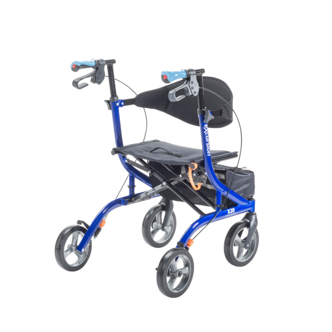 The Drive Airgo eXcursion X20 Lightweight Side-fold Rollator is blue with a black seat, backrest, and underseat storage pouch. It features ergonomic handles with brakes for comfortable, convenient mobility assistance.
