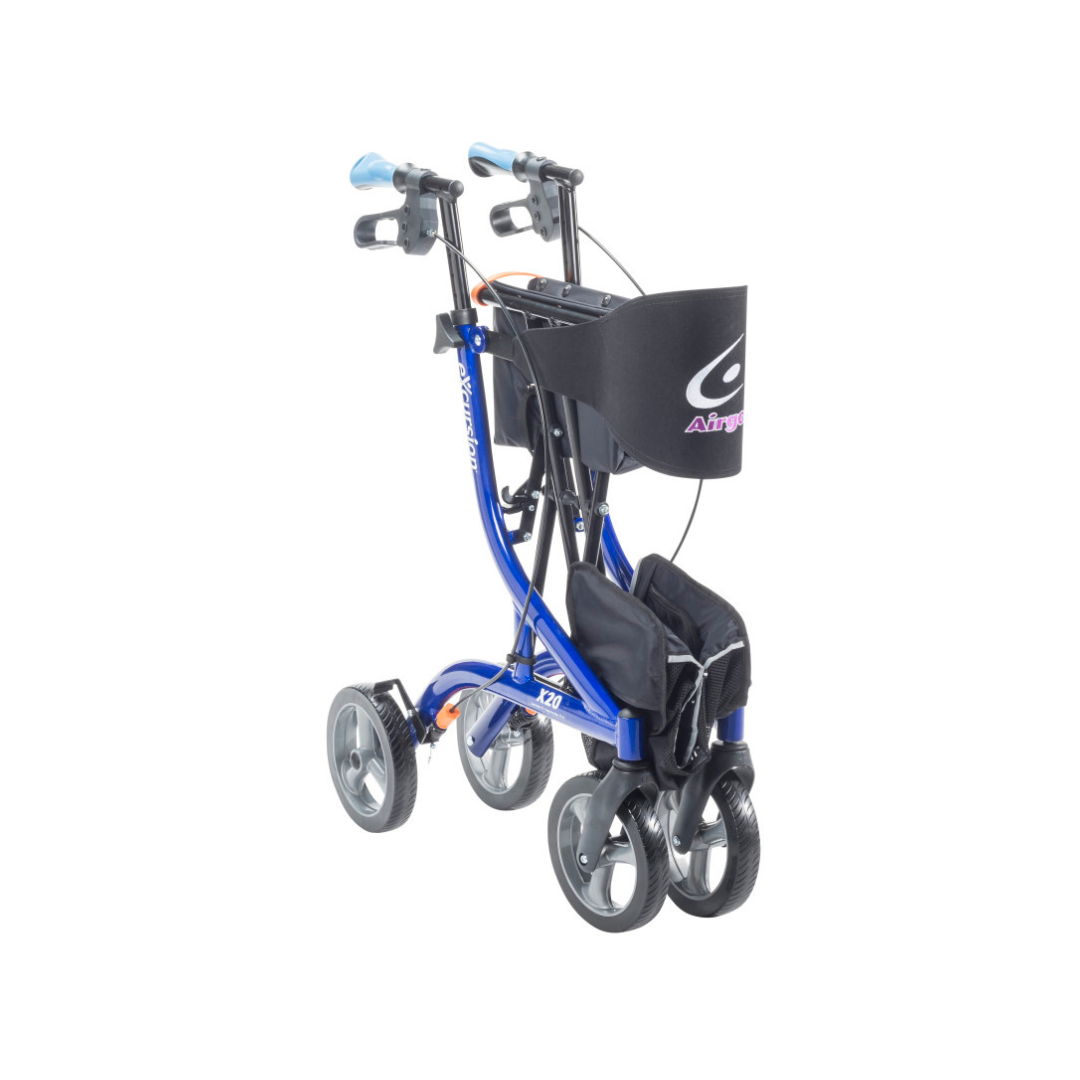 The Drive Airgo eXcursion X20 Lightweight Side-fold Rollator, in blue, features four wheels, hand brakes, a black storage bag, and a front basket for convenience and style.