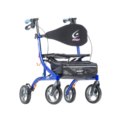 The Drive Airgo eXcursion X20 Lightweight Side-fold Rollator features four wheels, a black padded backrest, fabric seat, hand brakes, and an under-seat storage pouch, all shown against a white background.