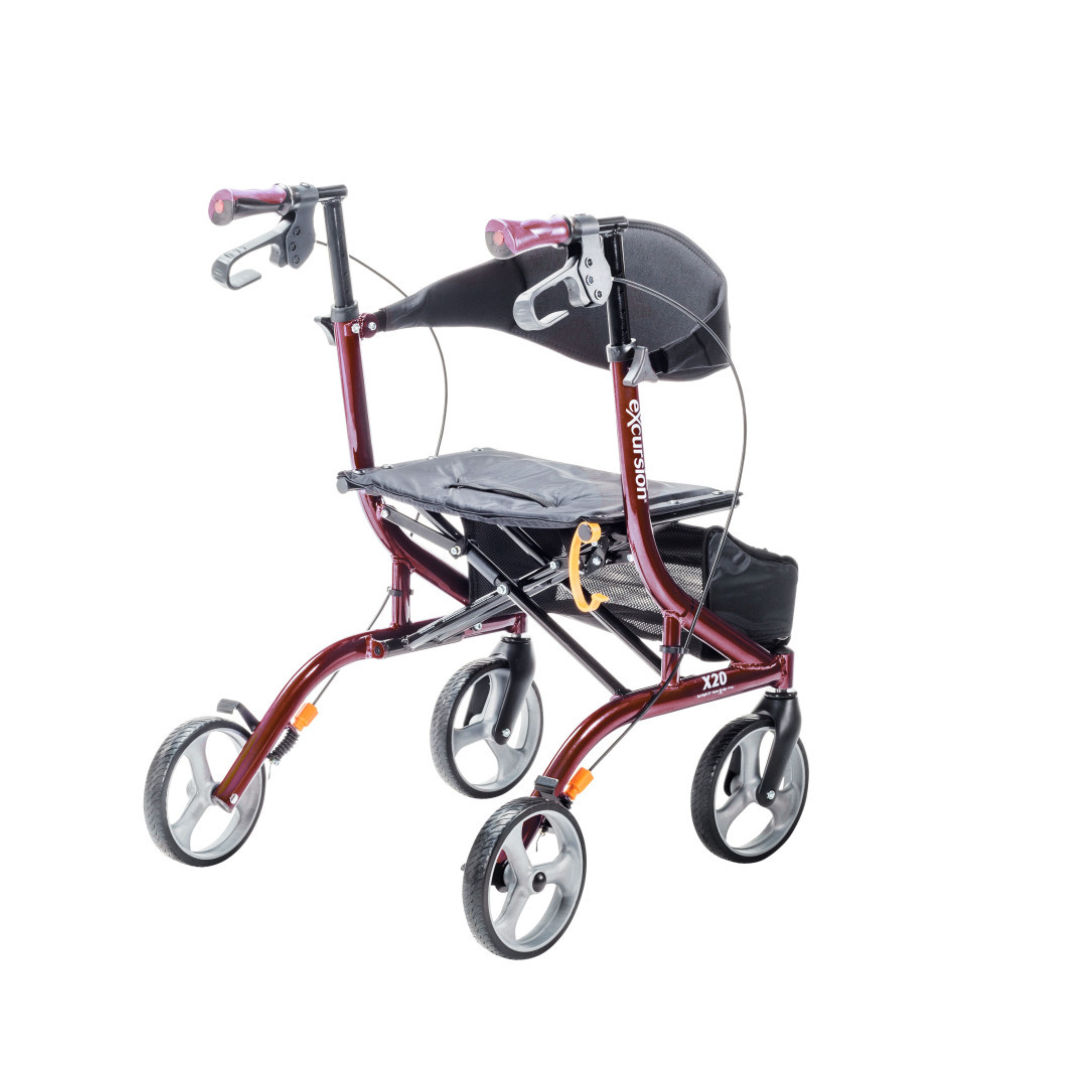 The Drive Airgo eXcursion X20 Lightweight Side-fold Rollator is a maroon, four-wheeled mobility aid with hand brakes, a padded seat, and a black storage pouch beneath the seat.